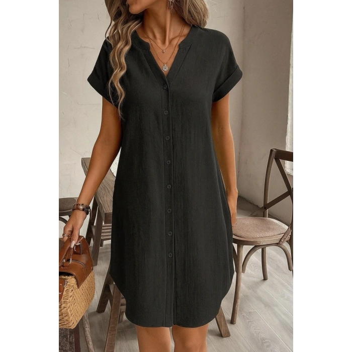 Kadın Kısa Kollu önden Düğmeli Ithal Keten Elbise