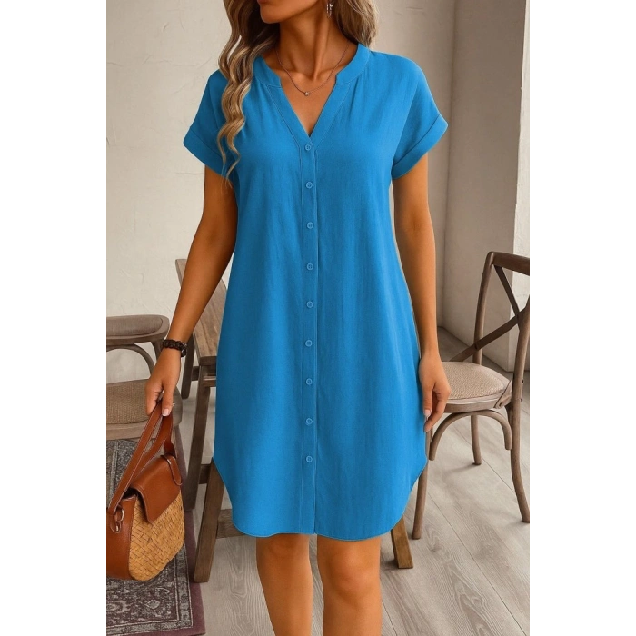 Kadın Kısa Kollu önden Düğmeli Ithal Keten Elbise