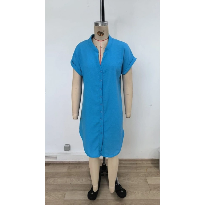 Kadın Kısa Kollu önden Düğmeli Ithal Keten Elbise