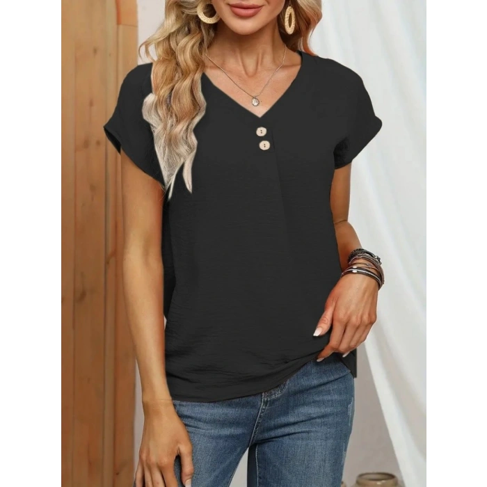 Kadın Kısa Kollu önü Düğmeli V Yaka Aerobin Bluz