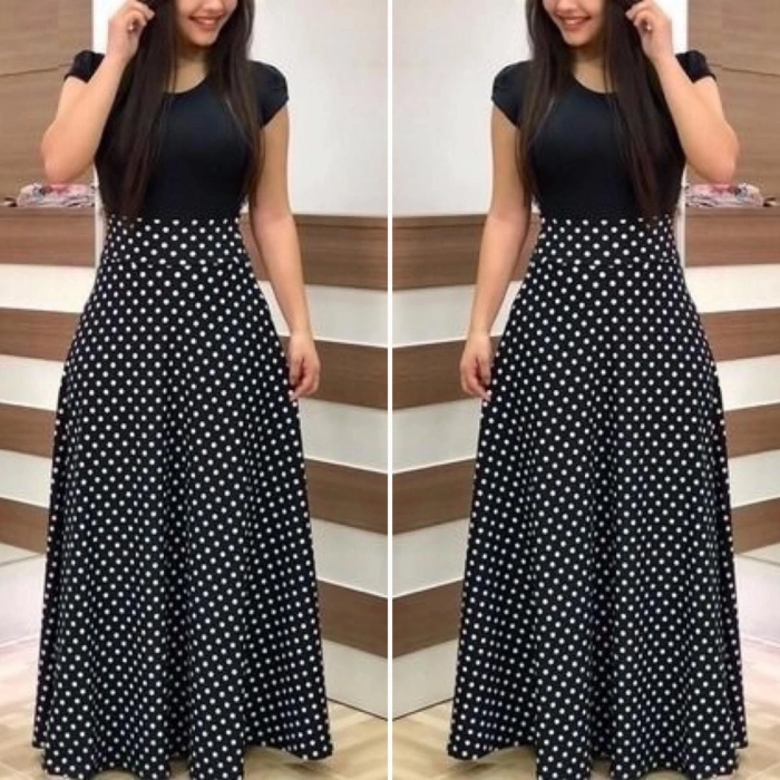 Kadın Kısa Kollu Puan Desen Tam Boy Krep Elbise