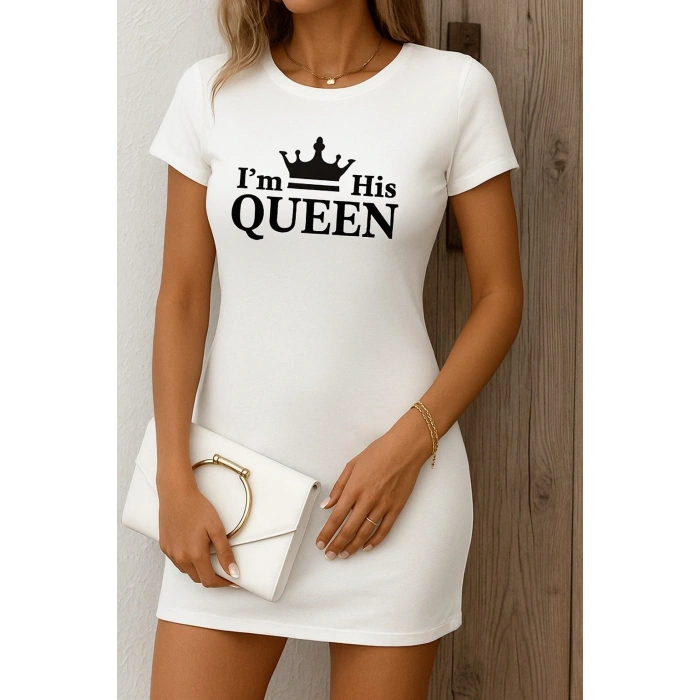 Kadın Kısa Kollu Queen Baskı Iki Iplik Mini Elbise