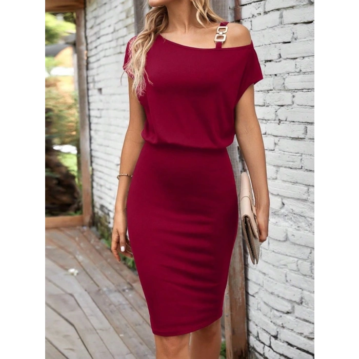 Kadın Kısa Kollu Tek Omuz Askı Ve Aksesuar Detay Beli Lastikli Krep Elbise