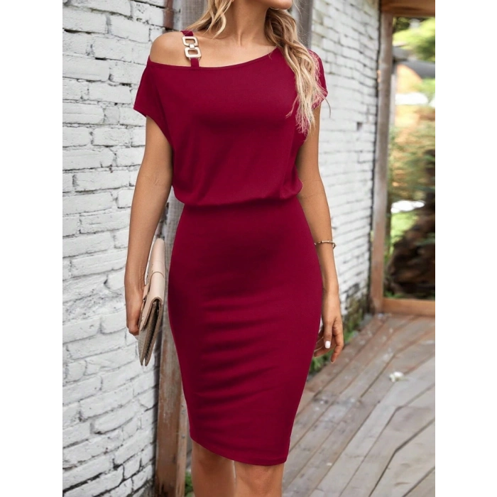 Kadın Kısa Kollu Tek Omuz Askı Ve Aksesuar Detay Beli Lastikli Krep Elbise