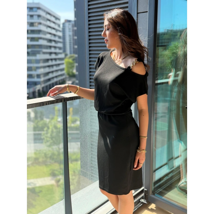 Kadın Kısa Kollu Tek Omuz Askı Ve Aksesuar Detay Beli Lastikli Krep Elbise