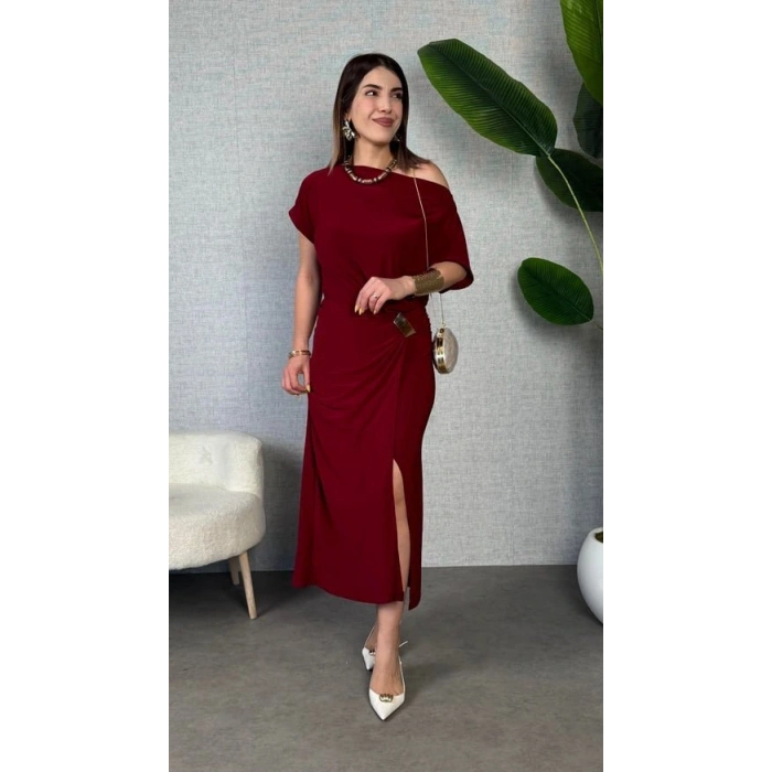 Kadın Kısa Kollu Tek Omuzdan Açık Beli Lastikli Sandy Maxi Elbise