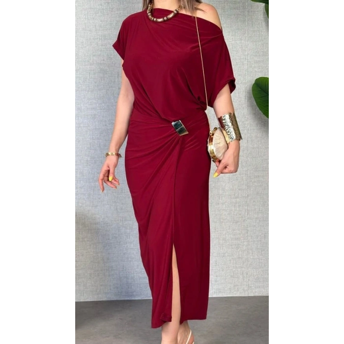 Kadın Kısa Kollu Tek Omuzdan Açık Beli Lastikli Sandy Maxi Elbise