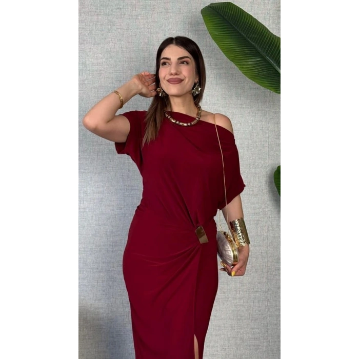 Kadın Kısa Kollu Tek Omuzdan Açık Beli Lastikli Sandy Maxi Elbise