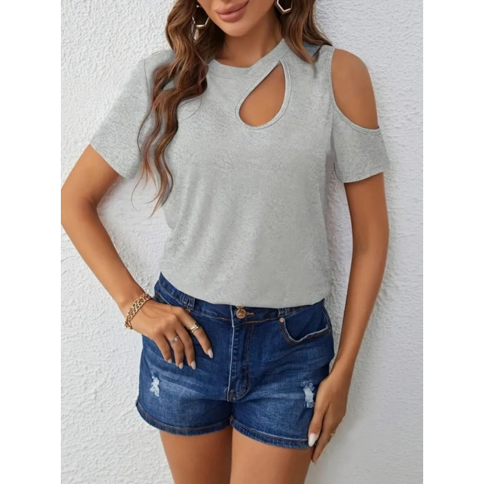 Kadın Kısa Kollu Tek Omuzu Açık Damla Detaylı Viskon Bluz