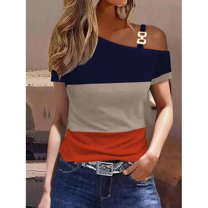 Kadın Kısa Kollu Tek Omuzu Açık Toka Detaylı çok Renkli Viskon Bluz