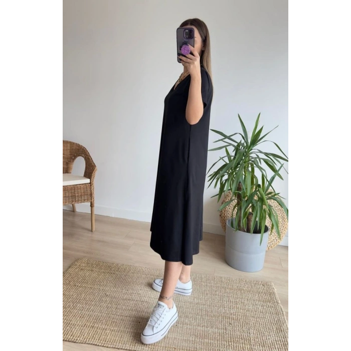 Kadın Kısa Kollu V Yaka Cepli A Kesim Detaylı Viskon Elbise