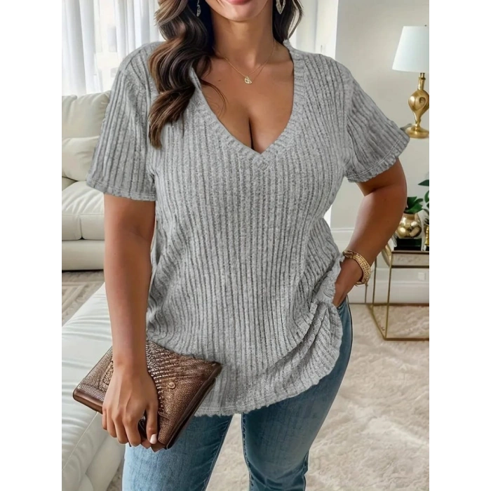 Kadın Kısa Kollu V Yaka Fitilli Kaşkorse Bluz