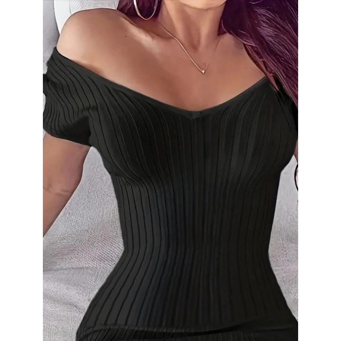 Kadın Kısa Kollu V Yaka Fitilli Triko Elbise