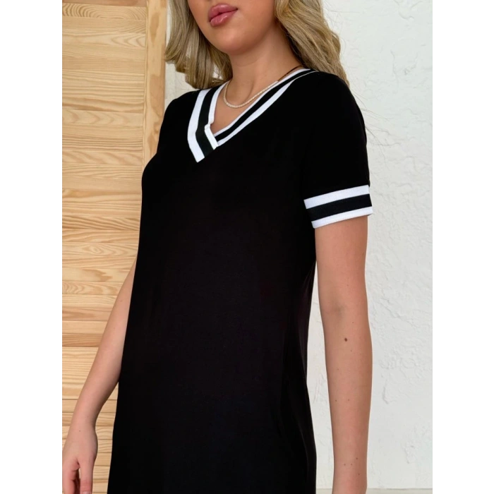 Kadın Kısa Kollu V Yaka Kol Ve Yaka Ribana Detay Midi Boy Viskon Elbise