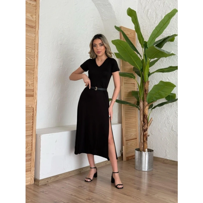 Kadın Kısa Kollu V Yaka Maxi Boy Elbise 124 Cm