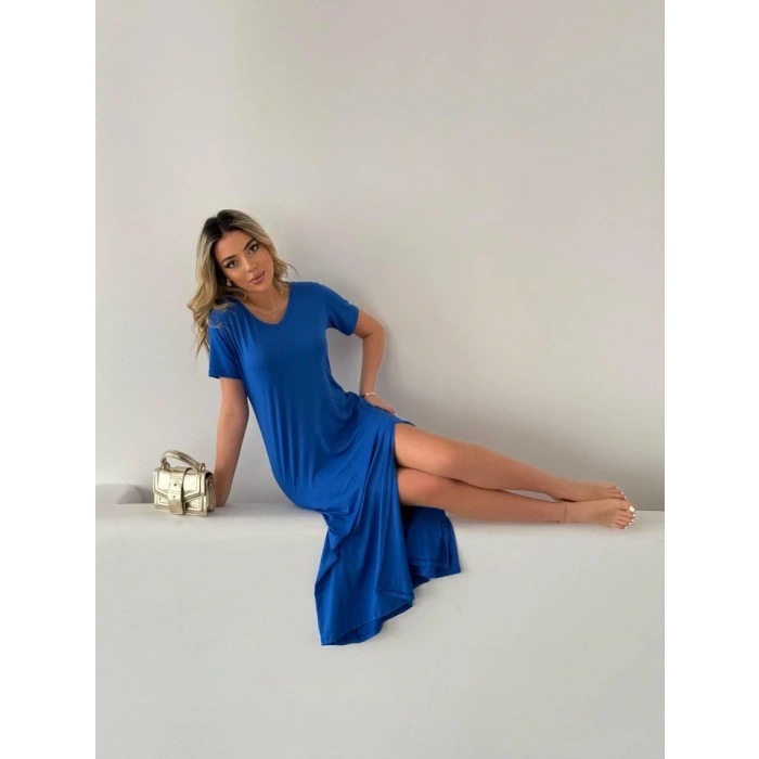 Kadın Kısa Kollu V Yaka Maxi Boy Elbise 124 Cm