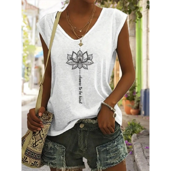 Kadın Kısa Kollu V Yaka önü Desenli Salaş Viskon Bluz