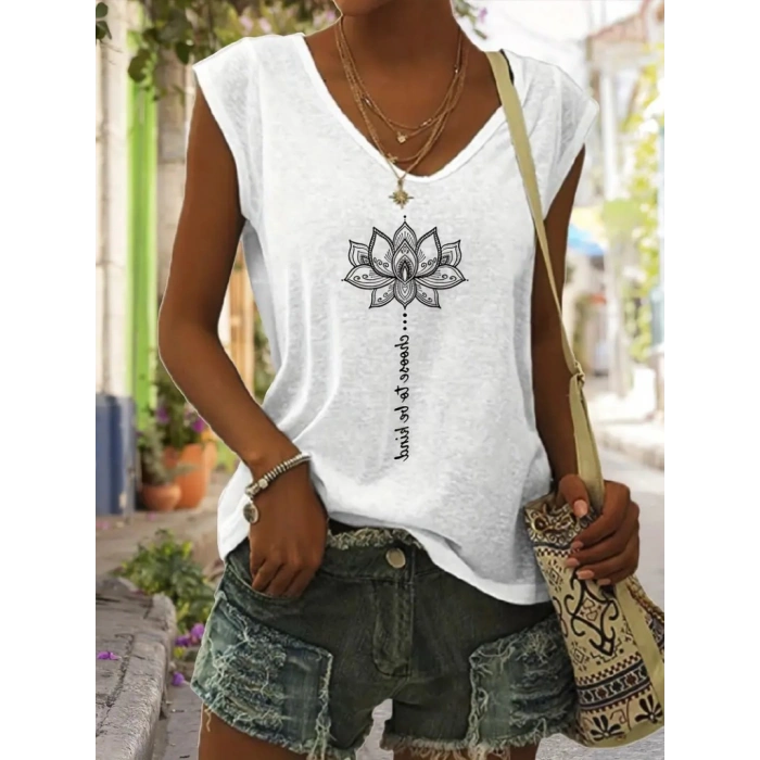 Kadın Kısa Kollu V Yaka önü Desenli Salaş Viskon Bluz