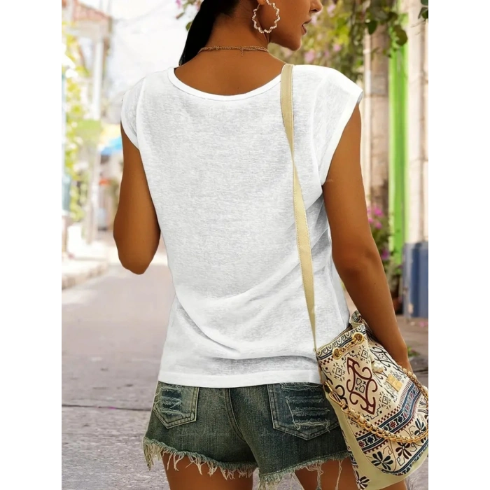 Kadın Kısa Kollu V Yaka önü Desenli Salaş Viskon Bluz