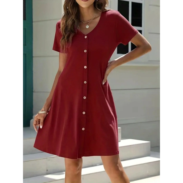 Kadın Kısa Kollu V Yaka önü Düğmeli Viskon Elbise