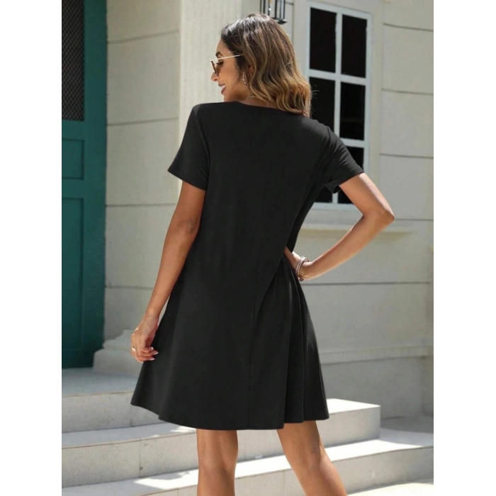 Kadın Kısa Kollu V Yaka önü Düğmeli Viskon Elbise