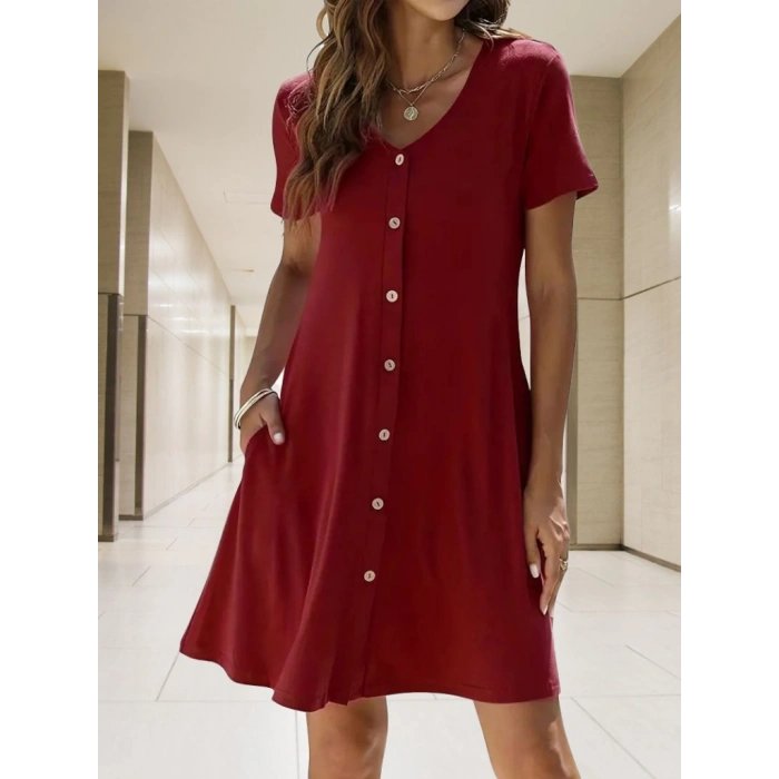 Kadın Kısa Kollu V Yaka önü Düğmeli Viskon Elbise