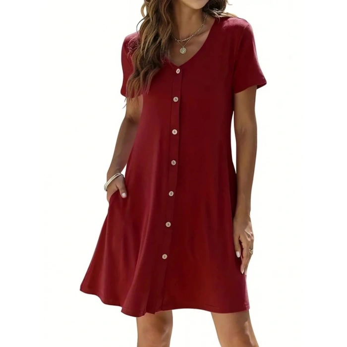 Kadın Kısa Kollu V Yaka önü Düğmeli Viskon Elbise