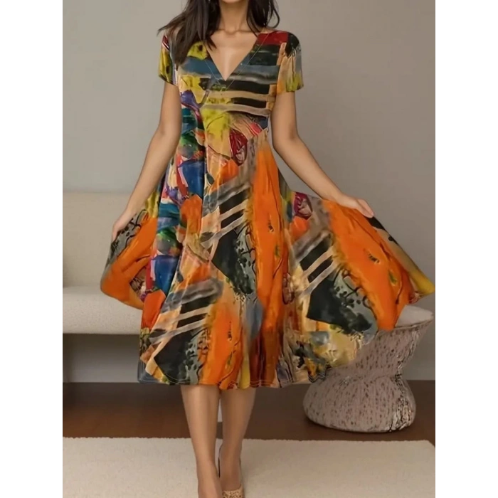 Kadın Kısa Kollu V Yaka Renkli Karışık Desen Kloş Süprem Midi Elbise