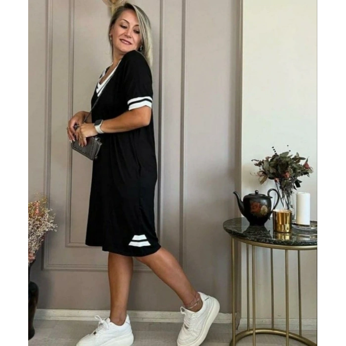 Kadın Kısa Kollu V Yaka Ribana Detaylı Cepli Dizüstü Viskon Elbise