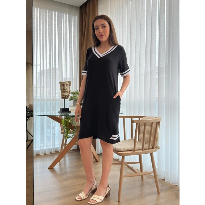 Kadın Kısa Kollu V Yaka Ribana Detaylı Cepli Dizüstü Viskon Elbise