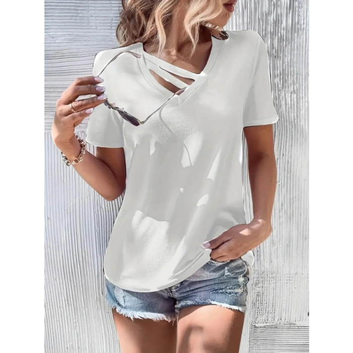 Kadın Kısa Kollu V Yaka şerit Detay Viskon Bluz