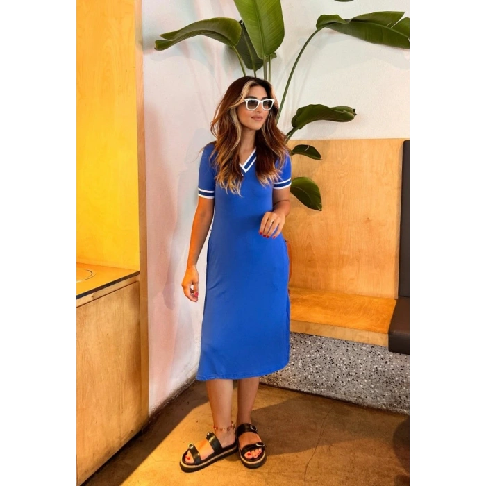 Kadın Kısa Kollu V Yaka Ve Yaka Ribana Detay Midiboy Viskon Elbise