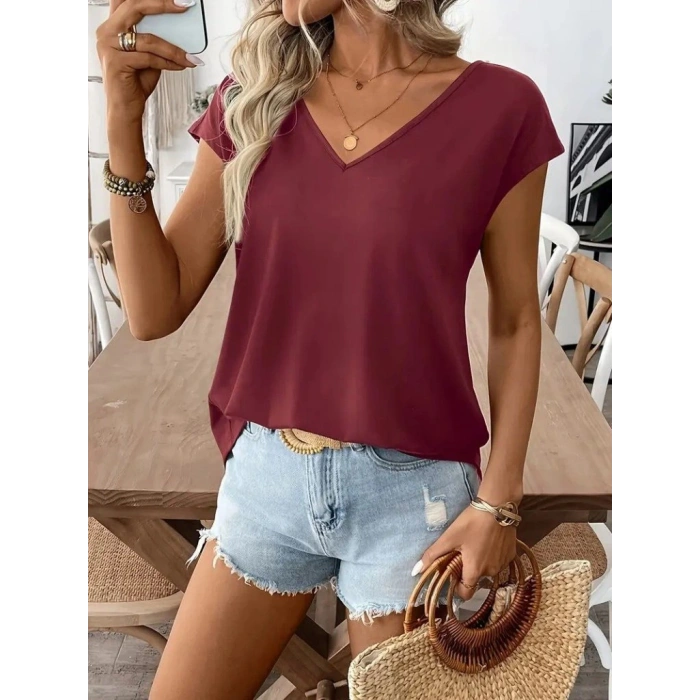 Kadın Kısa Kollu V Yakalı Arkadan Kurdele Detaylı Viskon Bluz