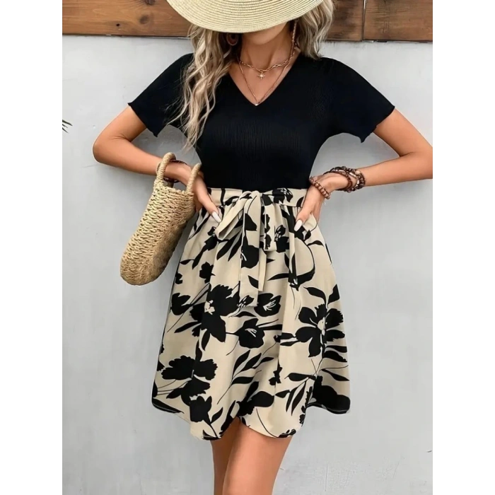 Kadın Kısa Kollu V Yakalı Belden Kuşaklı çiçek Desenli üst Viskon Alt Süprem Elbise