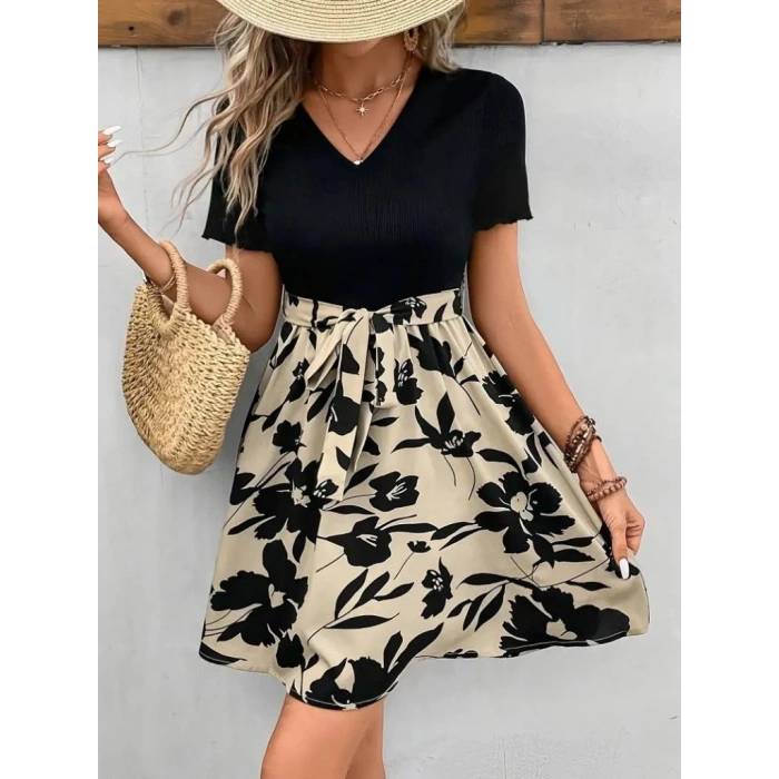 Kadın Kısa Kollu V Yakalı Belden Kuşaklı çiçek Desenli üst Viskon Alt Süprem Elbise