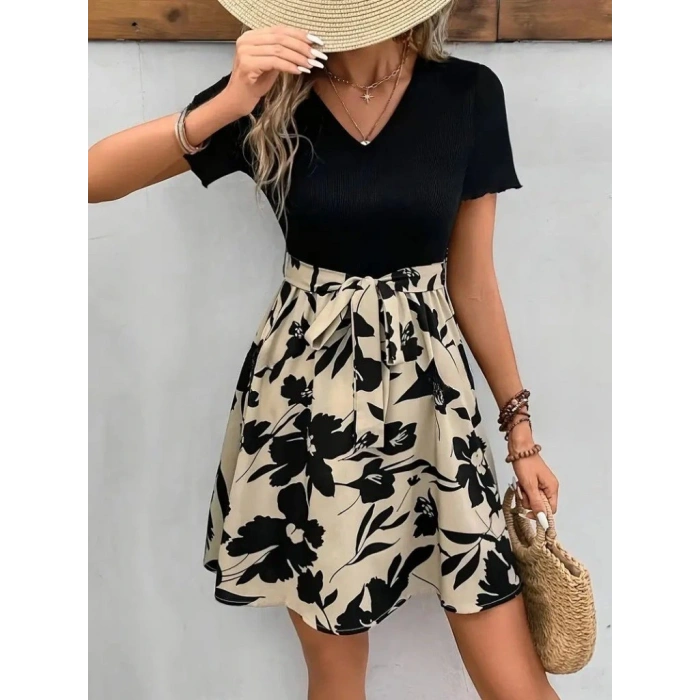 Kadın Kısa Kollu V Yakalı Belden Kuşaklı çiçek Desenli üst Viskon Alt Süprem Elbise