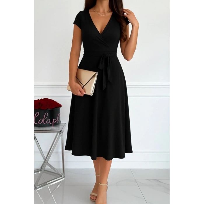 Kadın Kısa Kollu V Yakalı Belden Kuşaklı Maksi Boy Viskon Elbise