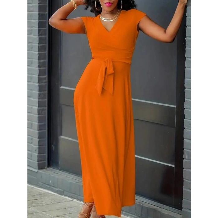 Kadın Kısa Kollu V Yakalı Belden Kuşaklı Maksi Boy Viskon Elbise