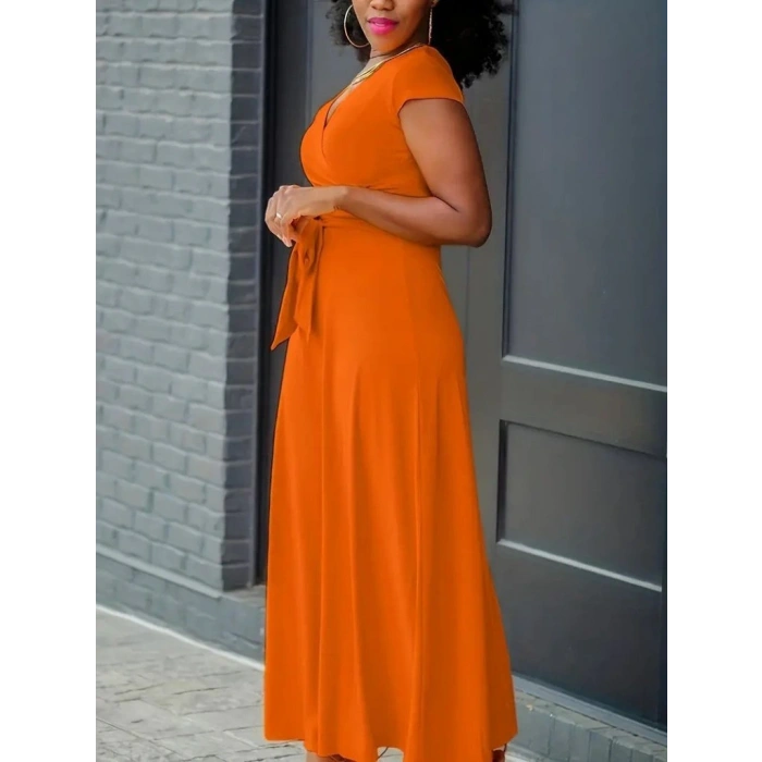 Kadın Kısa Kollu V Yakalı Belden Kuşaklı Maksi Boy Viskon Elbise