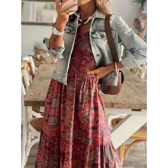 Kadın Kısa Kollu V Yakalı Beli Gipeli Desenli Süprem Maksi Elbise