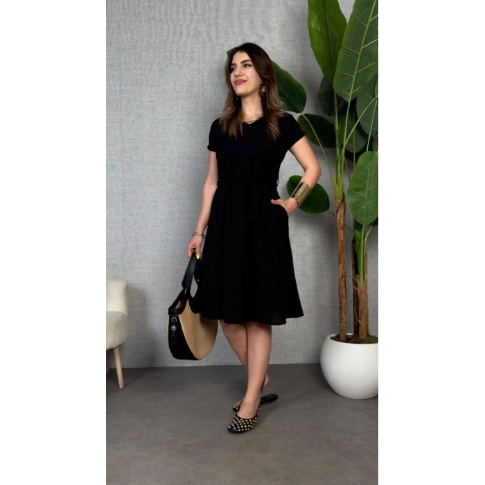 Kadın Kısa Kollu V Yakalı Beli Kuşaklı Ithal Keten Elbise