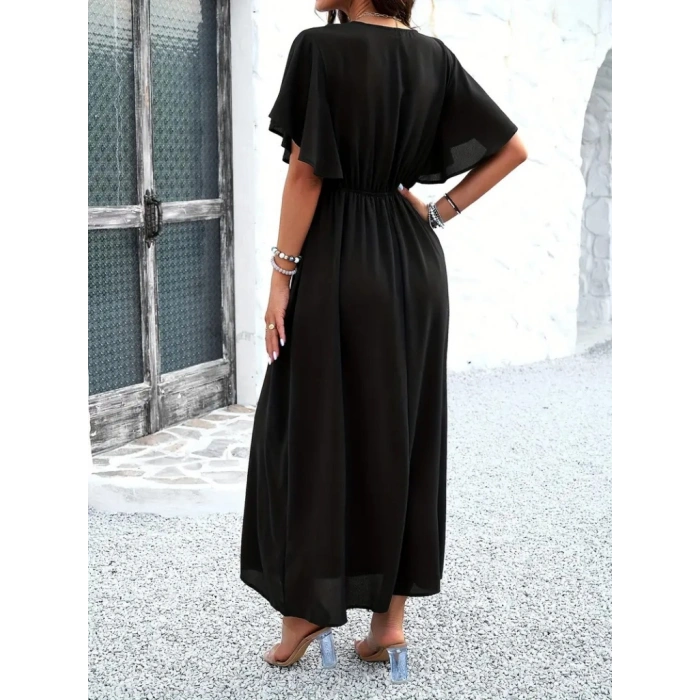 Kadın Kısa Kollu V Yakalı Beli Lastikli Uzun Viskon Elbise