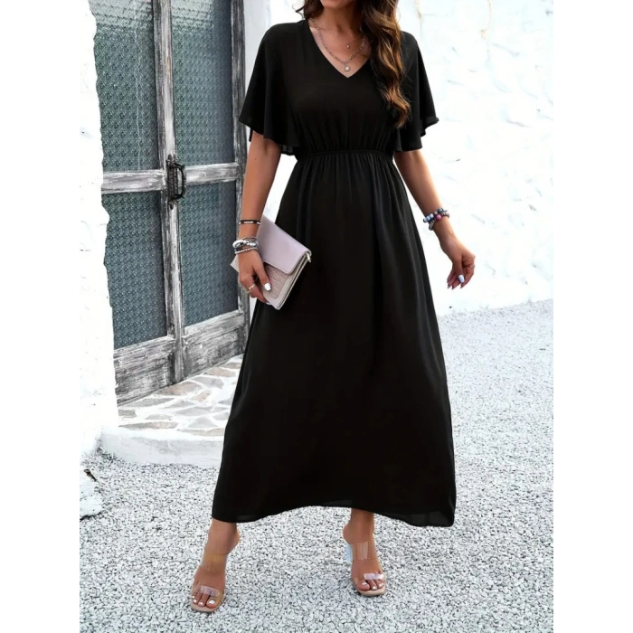 Kadın Kısa Kollu V Yakalı Beli Lastikli Uzun Viskon Elbise