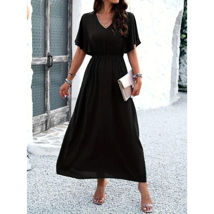 Kadın Kısa Kollu V Yakalı Beli Lastikli Uzun Viskon Elbise