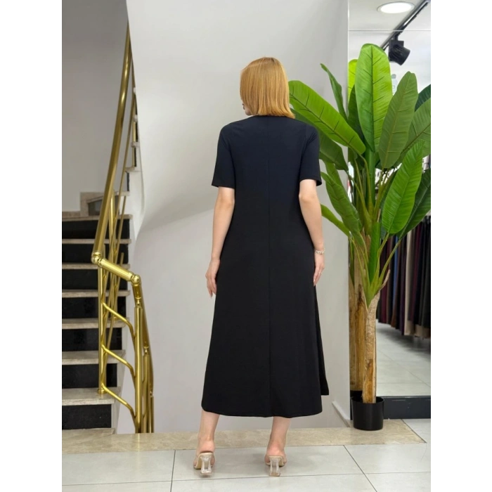 Kadın Kısa Kollu V Yakalı Cep Detaylı Uzun Janjan Krep Elbise