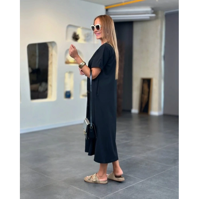 Kadın Kısa Kollu V Yakalı Cep Detaylı Uzun Viskon Iki Iplik Elbise