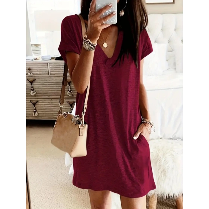 Kadın Kısa Kollu V Yakalı Cepli Kısa Viskon Elbise