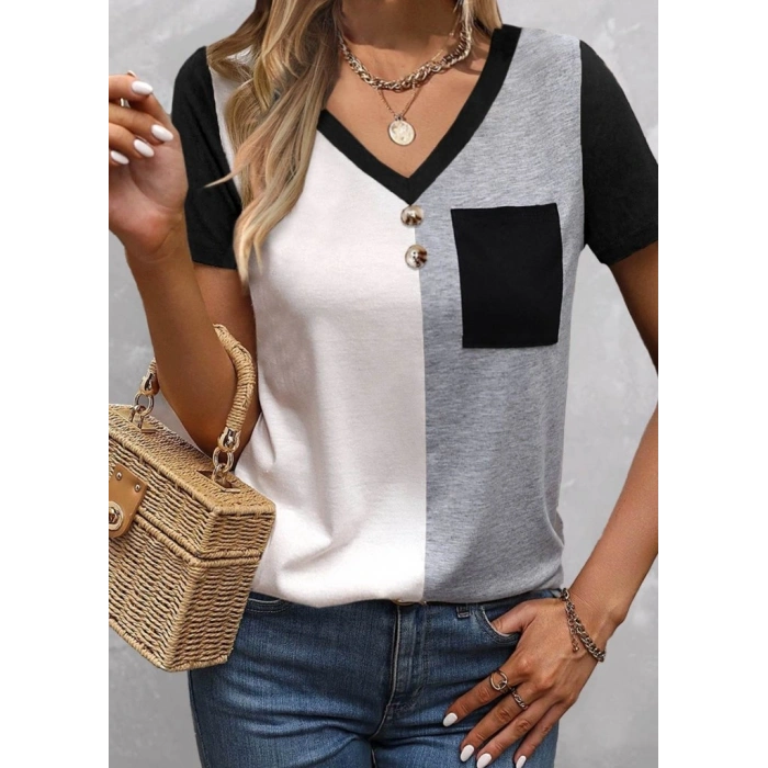 Kadın Kısa Kollu V Yakalı Cepli önden Düğmeli çift Renkli Viskon Bluz