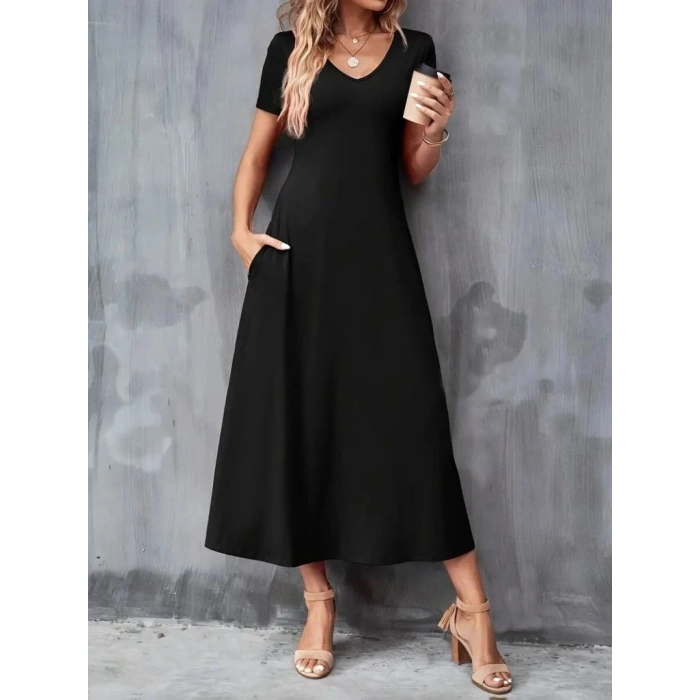 Kadın Kısa Kollu V Yakalı Cepli Viskon Elbise