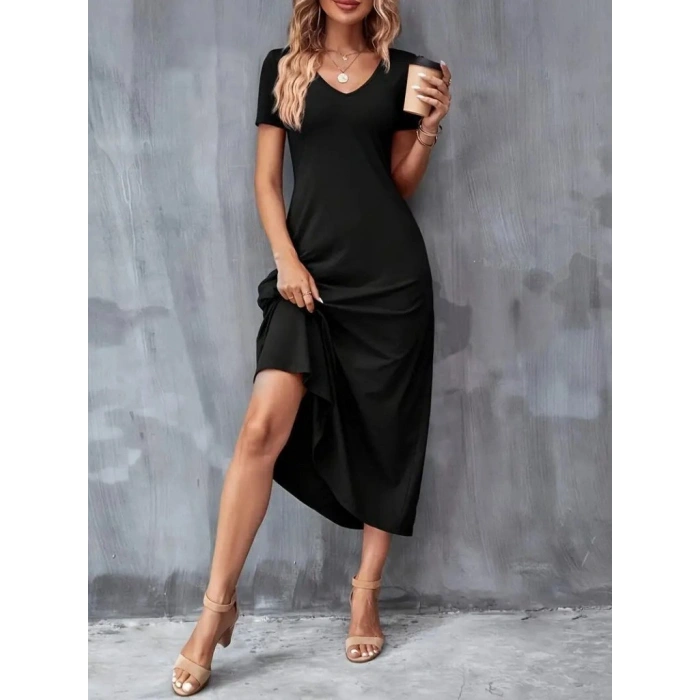 Kadın Kısa Kollu V Yakalı Cepli Viskon Elbise